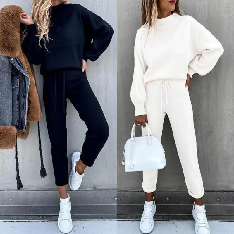 Autumn and Winter Women's Sweater High Collar Casual Pure Color Trousers Two-piece Set
