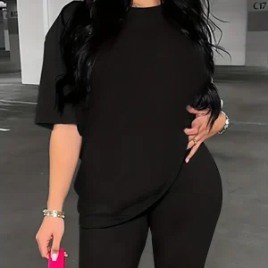 Solid Two-piece Set For Spring & Summer, Short Sleeve Drop Shoulder Casual T-Shirt & Skinny Women's Clothing