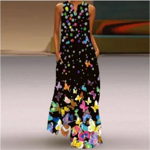 European and American cross-border independent station women sleeveless long skirt v-neck butterfly retro print dress