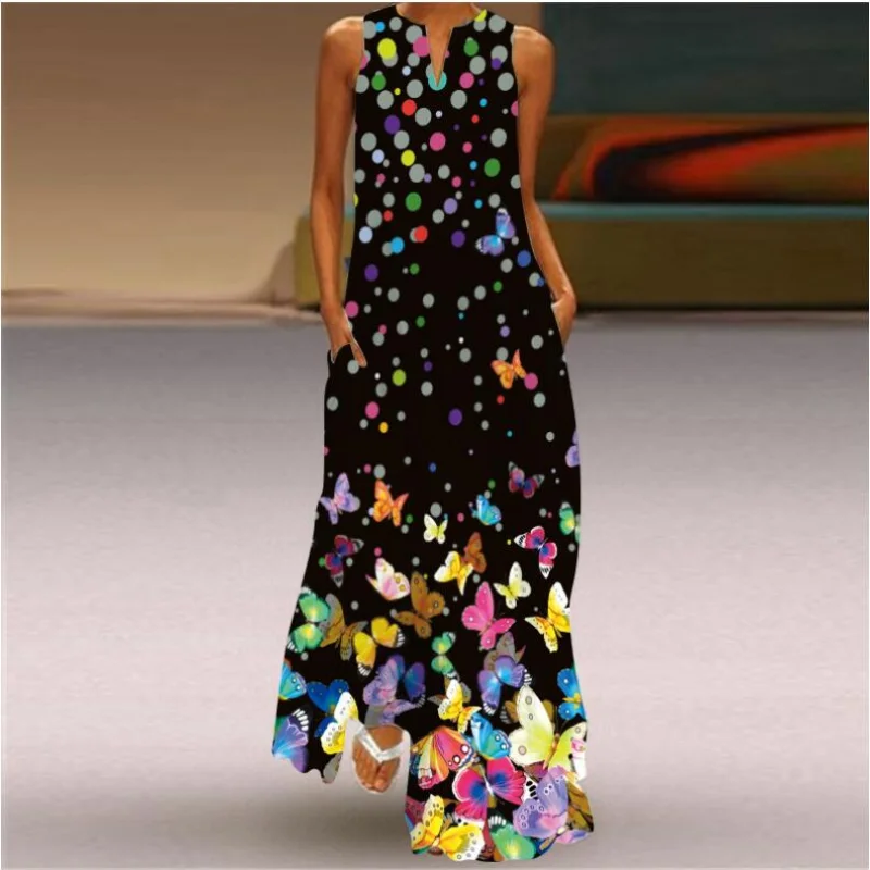 European and American cross-border independent station women sleeveless long skirt v-neck butterfly retro print dress
