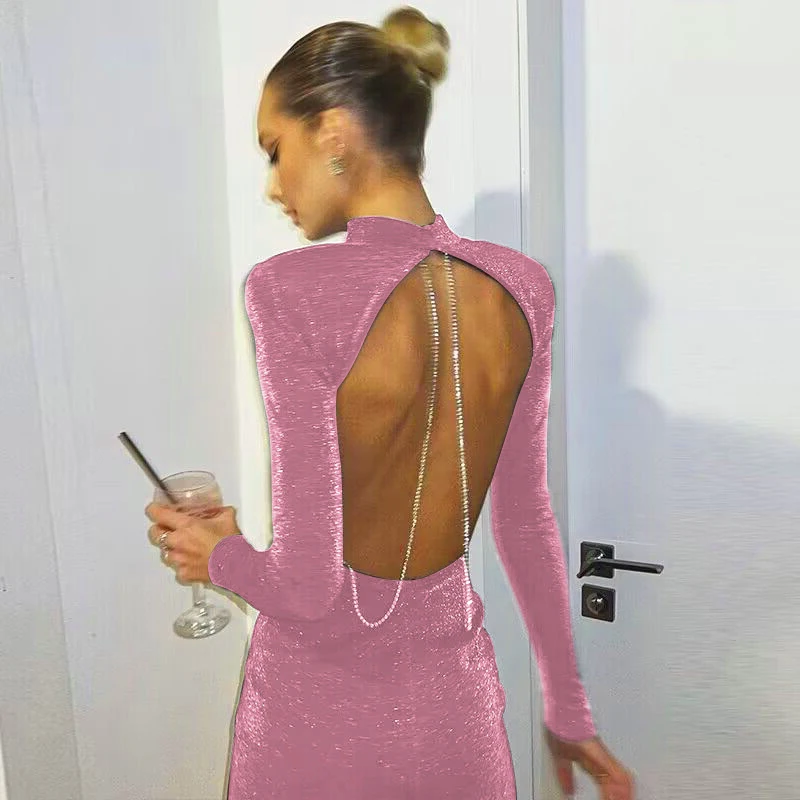 2025 European and American Style Backless Chain Round Neck Long Sleeved Wrap Buttocks TightShortSkirtRetroNostalgic French Dress - Image 3