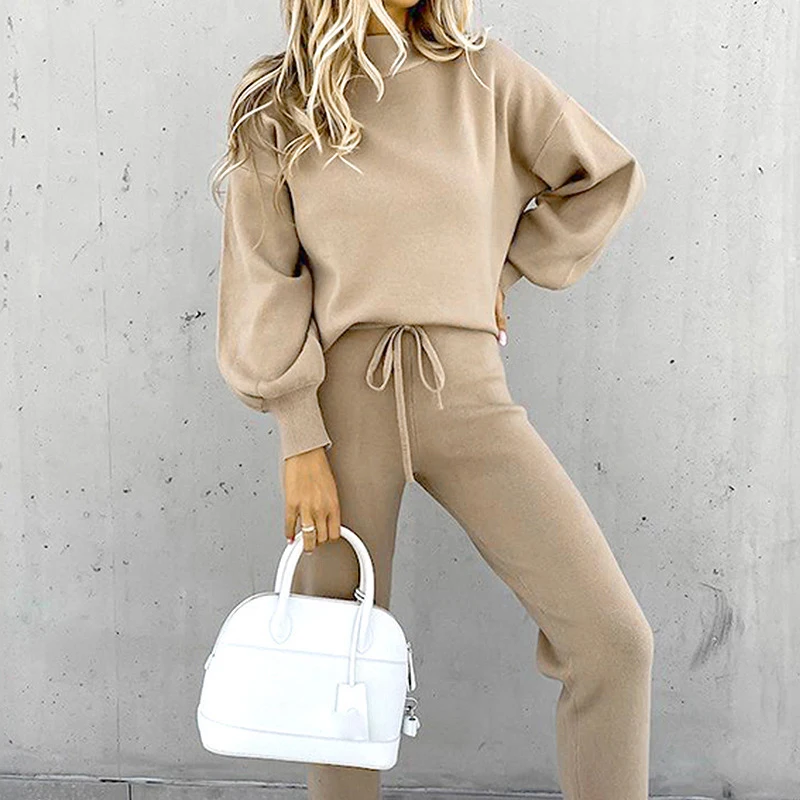 Autumn and Winter Women's Sweater High Collar Casual Pure Color Trousers Two-piece Set - Image 5